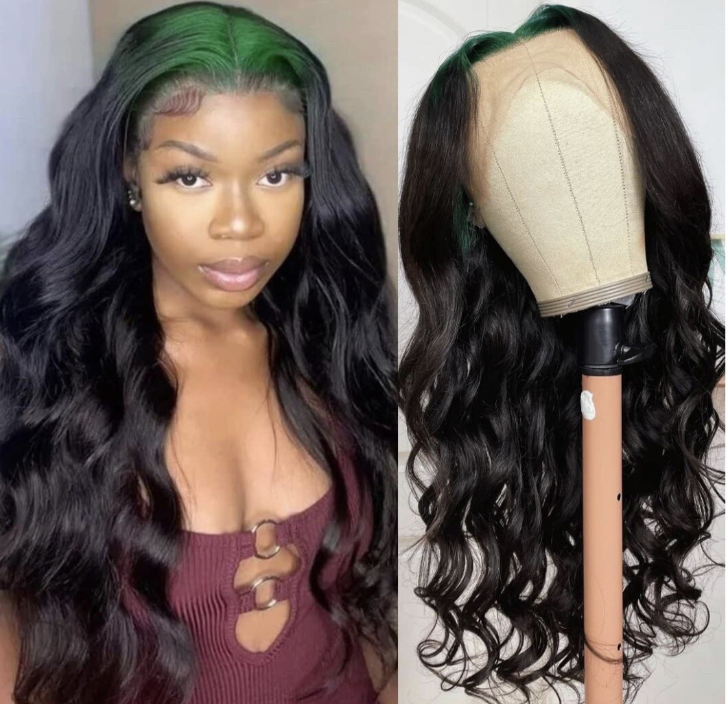 12A Loose Wave 13X4 HD Lace Front Sparkle Green Colored Roots Human Hair 14in