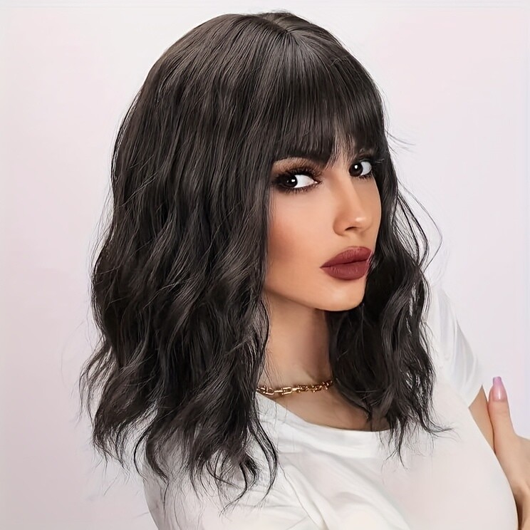 Elegant Unisex-Adult Black Wavy Bob Wig with Bangs Heat Resistant SyntheticFiber