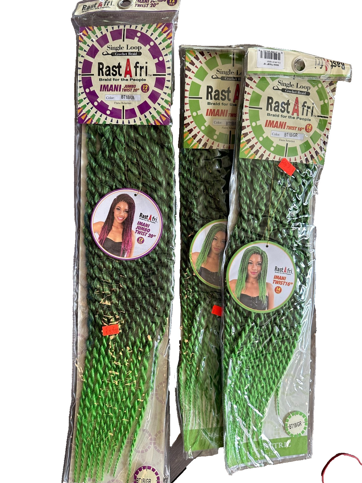 3 pkgs RastAfri Crochet Braids Imani Jumbo Twist 20″ 16″ Green Ombre KC