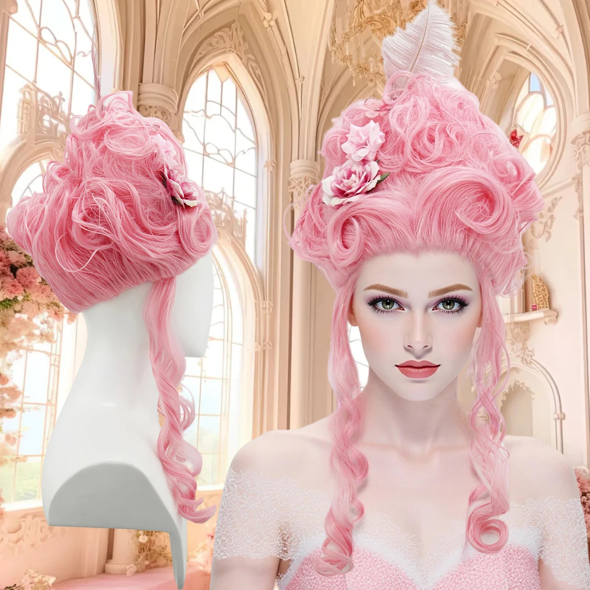 Pink Fluffy High-Top high quality Synthetic Wig | Queen’s Hairstyle with Feather