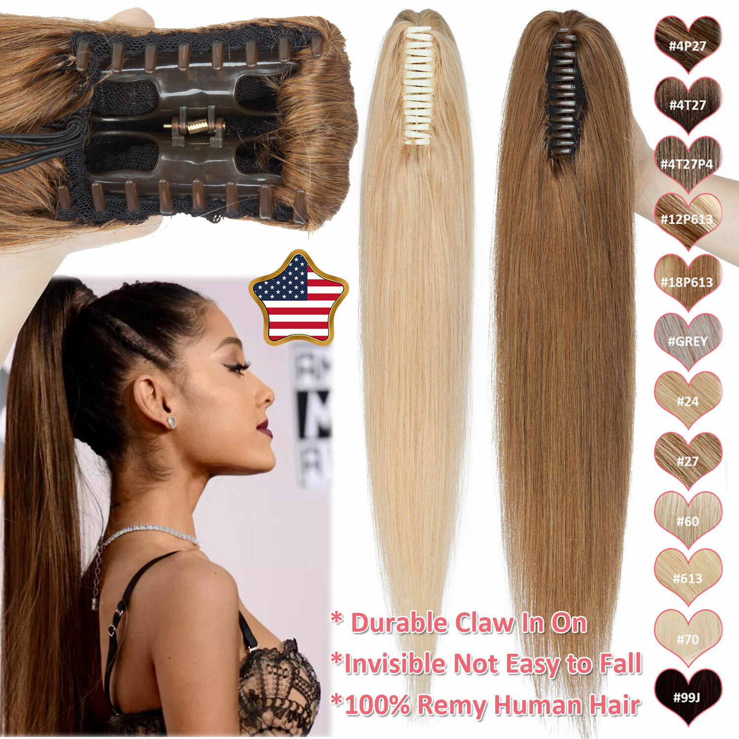 US Brazilian 100% Real Remy Human Hair Claw In On Ponytail Extensions Thick 120G