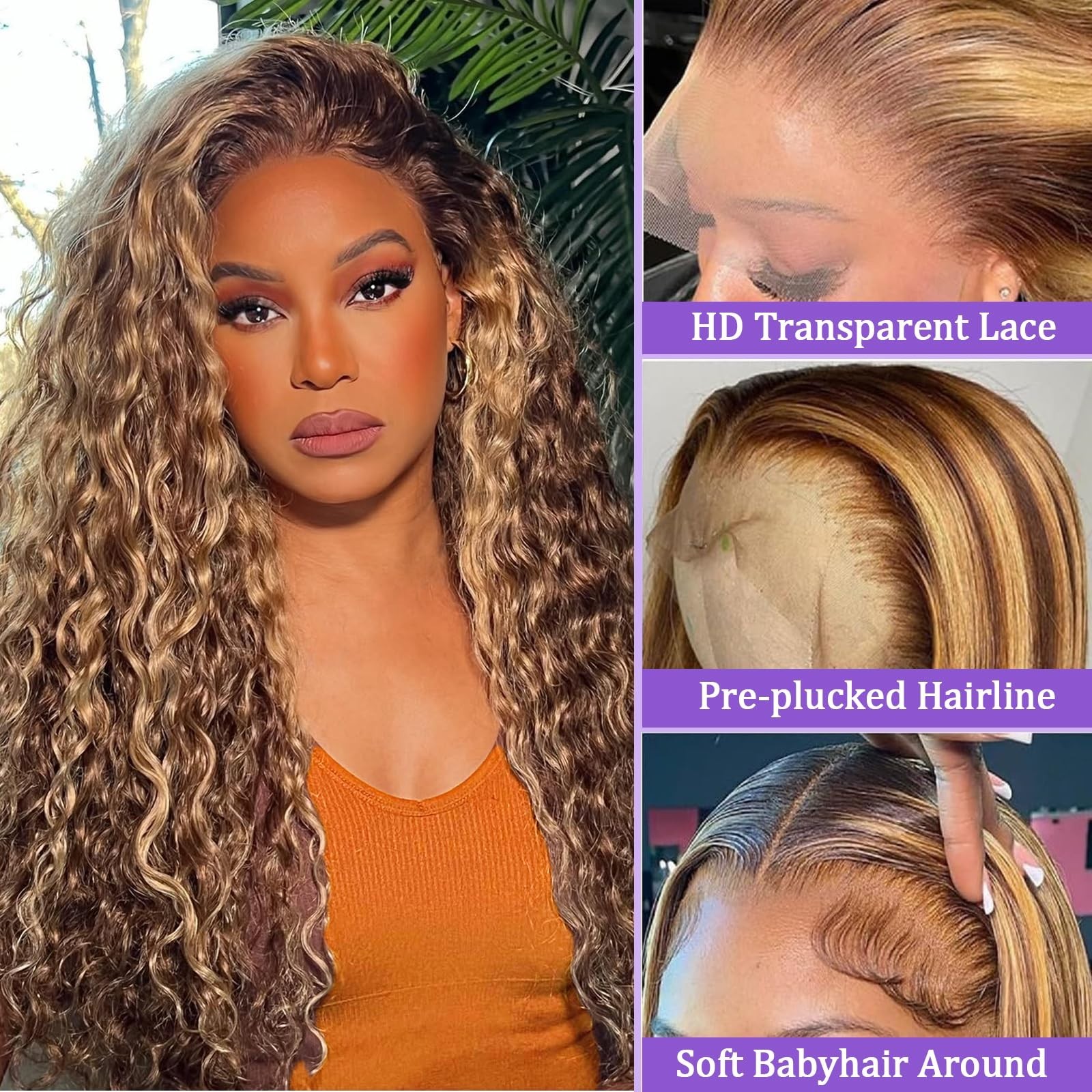 13×6 Honey Blonde Deep Wave Lace Front Wig 220 Density Curly Human Hair 28″ No S