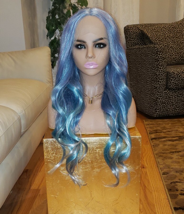 Long Front Lace Wig Human Hair Blend Curly Multicolor Balayage Mermaid Rainbow