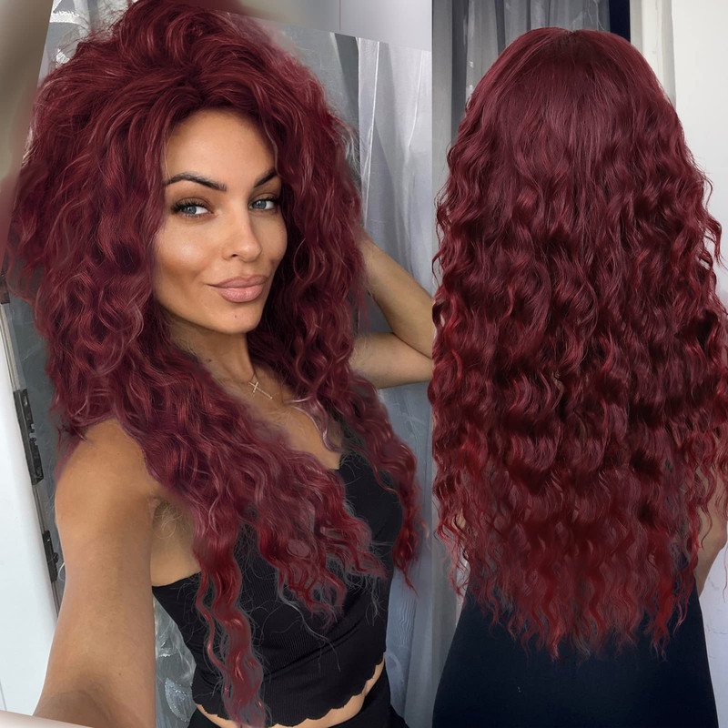 Gnimegil Long Red Curly Wigs For Women Part Burgundy Wig Layered Haircut Fluffy