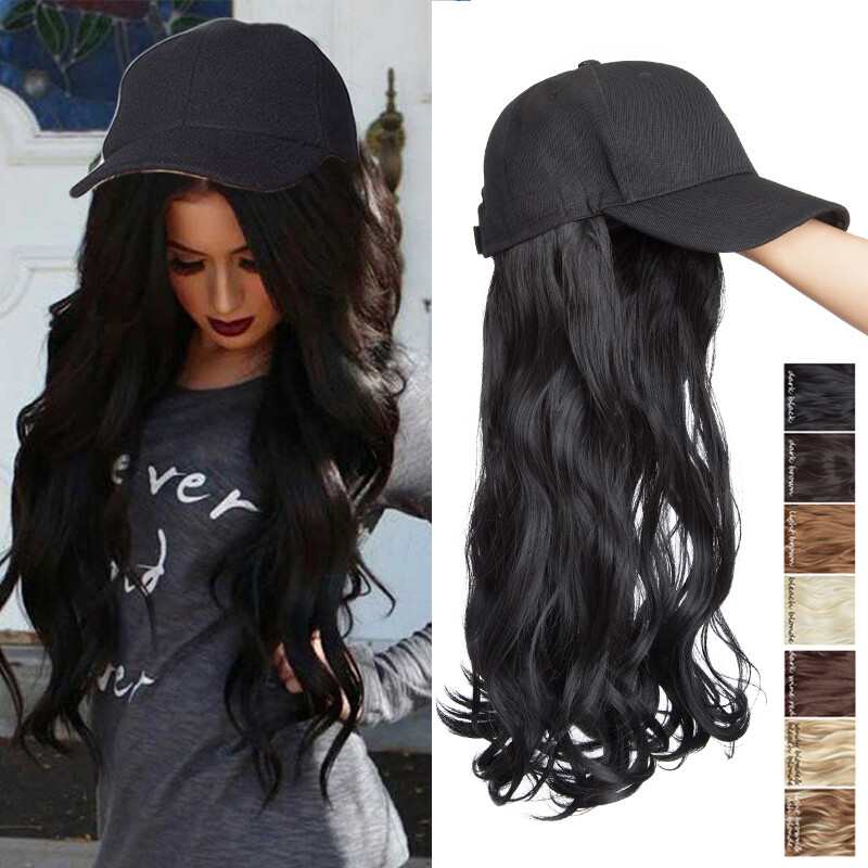 Fake Hair Wig Thick Full Head Hairpiece With Peaked Black Baseball Hat Cap Black
