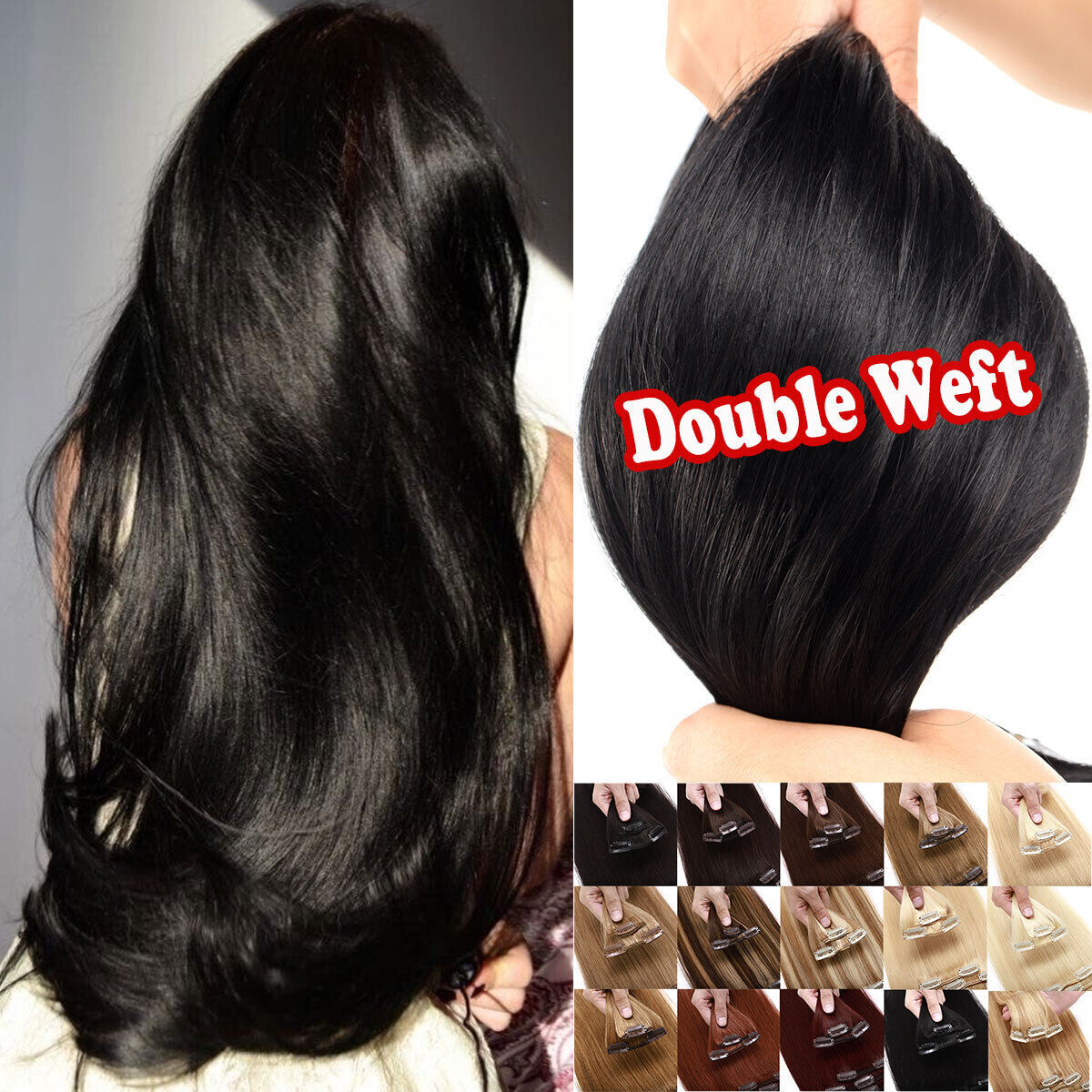 100% Real Soft Double Weft Clip In Remy Human Hair Extensions Full Head Thick US