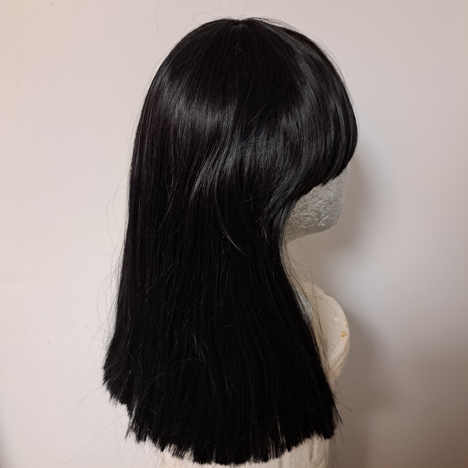 Morvally Wig Black Sleek 15″ Straight Blunt Cut Bangs Synthetic new damaged box