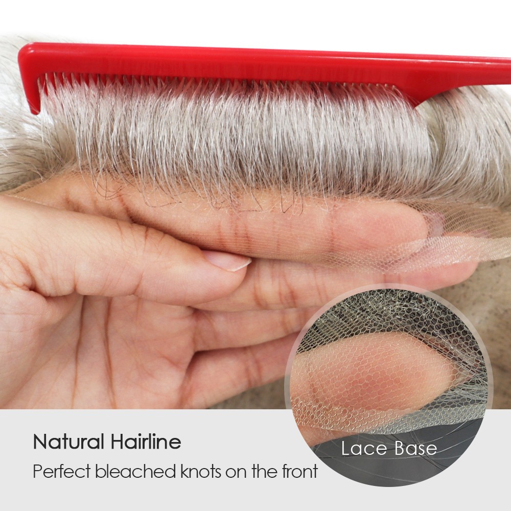 Mens Toupee Swiss Lace Human Hair Replacement Systems Grey Hair Pieces #580