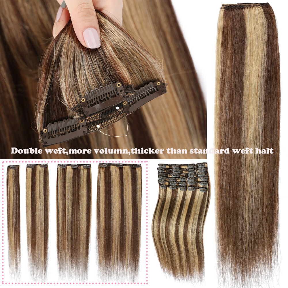 Human Hair Clip In Extension Remy Double Weft Full Head Grey Ombre Highlight US