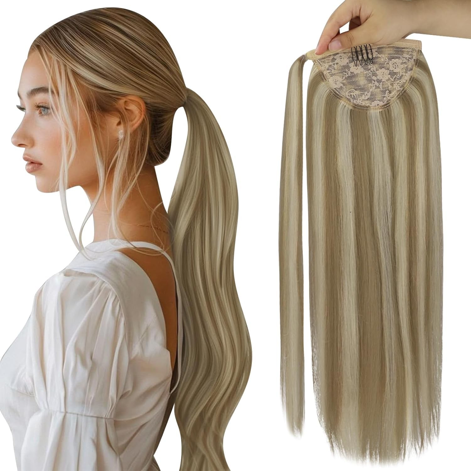 Full Shine Pony Tails Hair Extensions Dirty Blonde Highlights Light Blonde