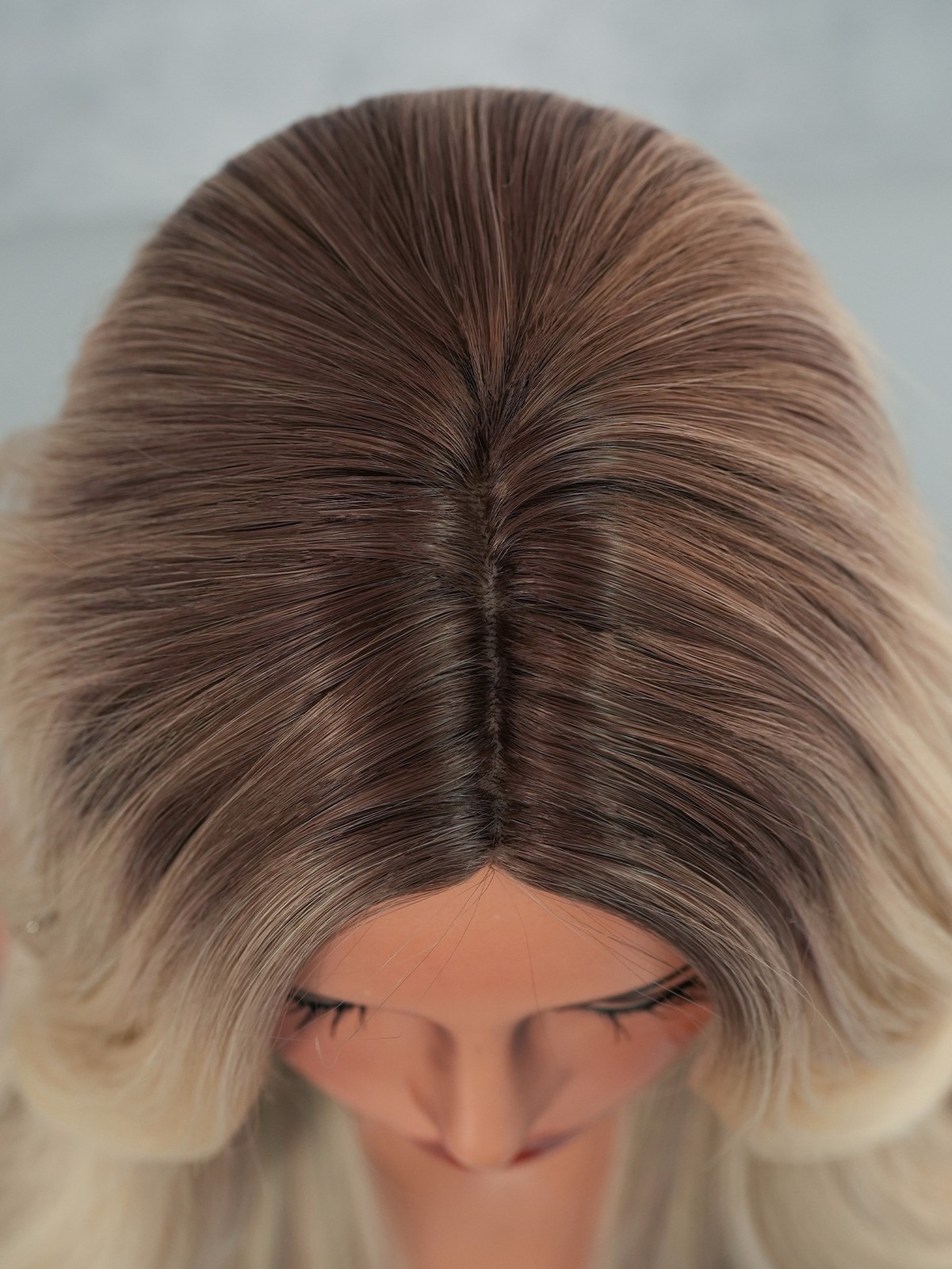 Long Wavy Ombre Beige Ash Blonde Middle Part Wig with Curtain Bangs for Women
