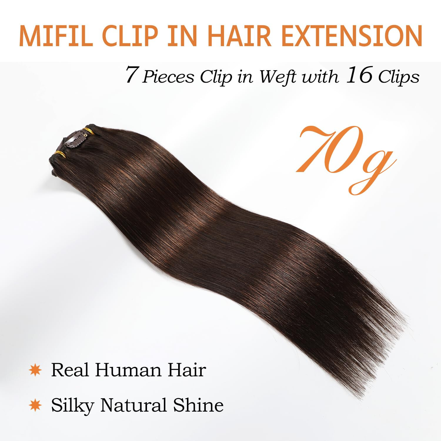 Clip In Remy Human Hair Extensions 16 inch, 70g, 7 pcs, Hair Extensions Clip