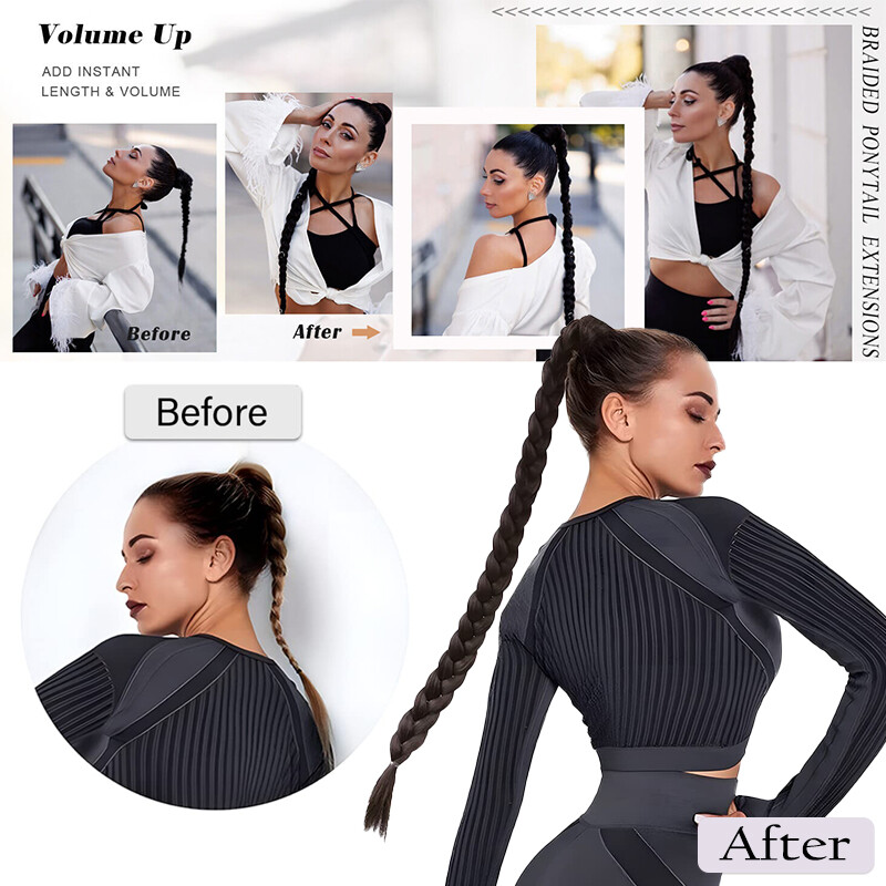 34″ Long Braided Ponytail Extension with Hair Tie Straight Wrap around Pony Tail