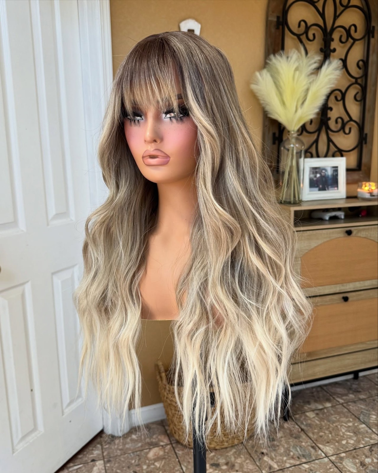 Balayage Ash Brown to Blonde Wigs with Bangs 100% Human Hair Lace Front Wigs