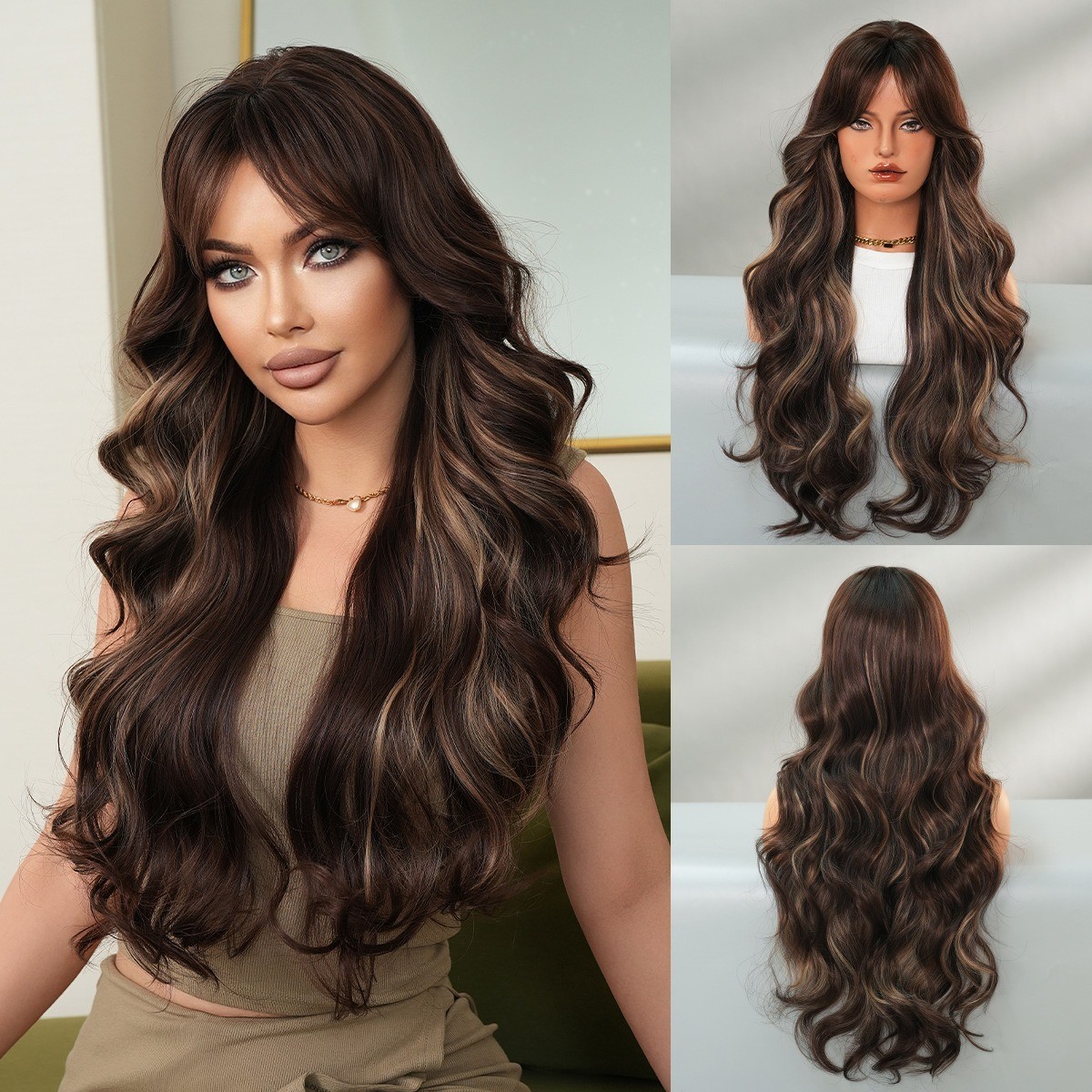 Wig with long curly brown hair with honey gold highlights and a brown base color