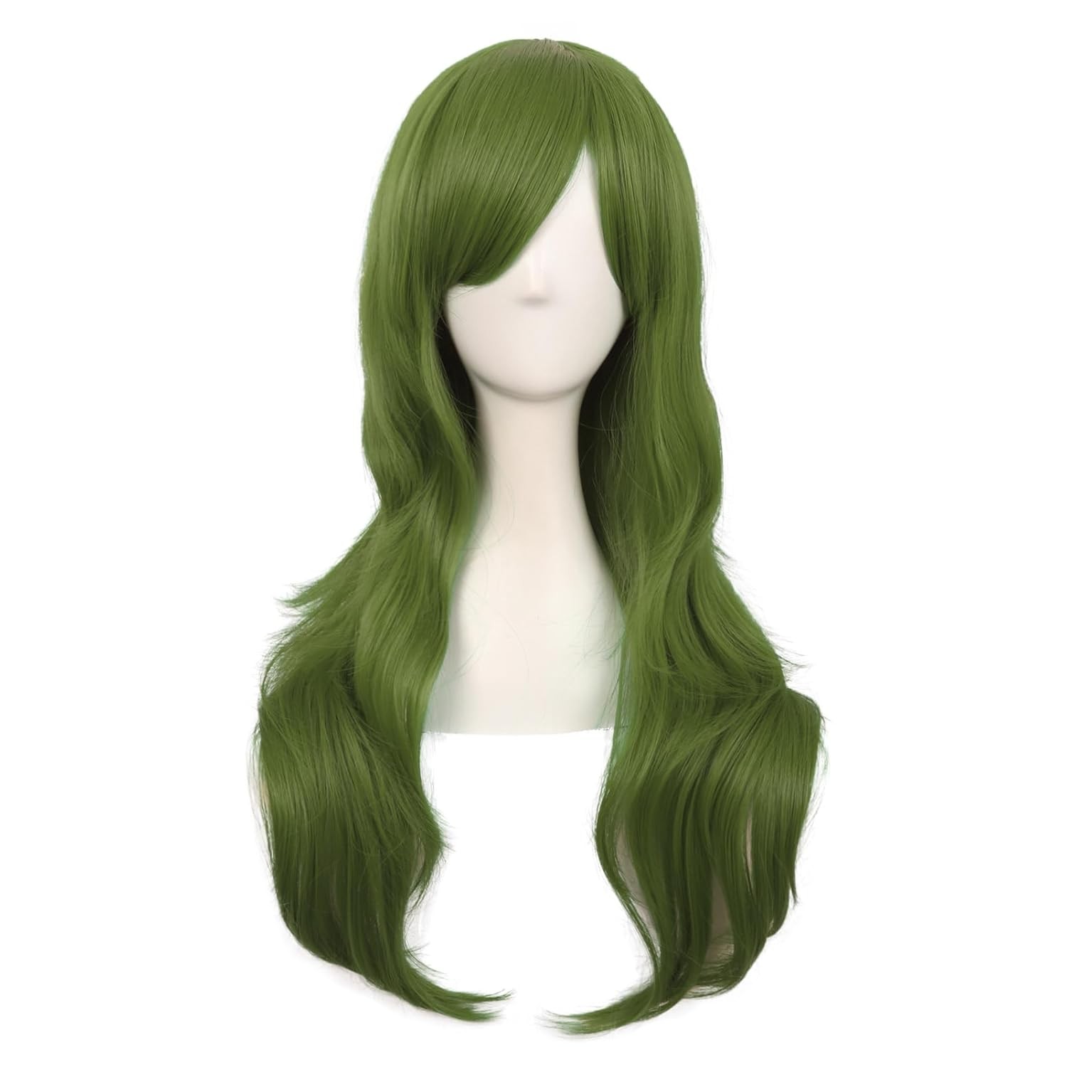 Long Curly Cosplay Wig for Women with Side Bangs 28 Inch Olive Green Synthetic