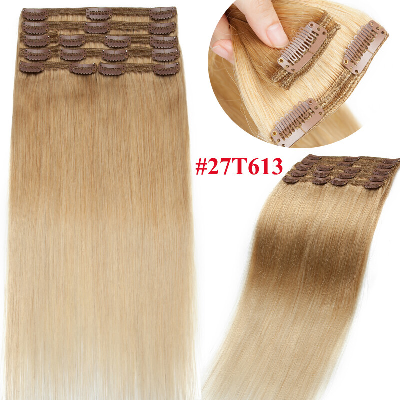 Double Weft Clip In Human Hair Extensions Long Thick Hair Ombre Blonde Brown US