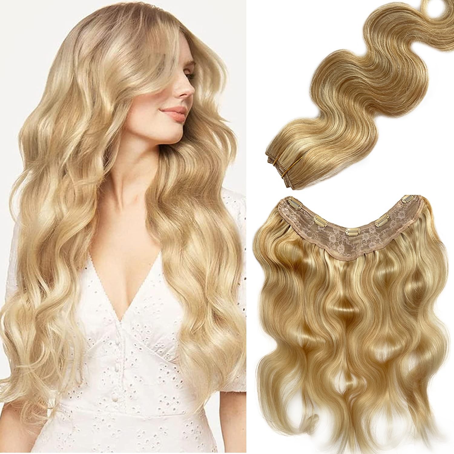 Curly Human Hair Clip in Extensions 16inch V Shape Hair Extensions Balayage O…