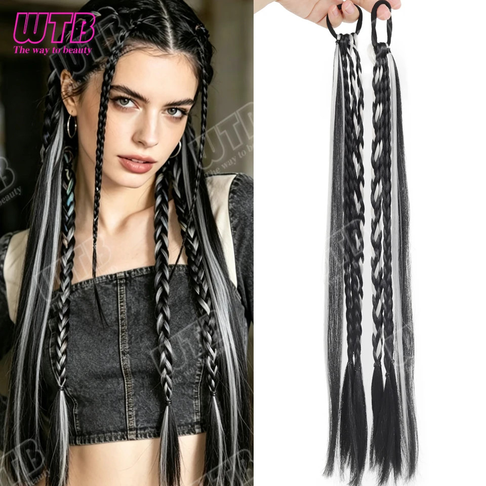 2PCS Elastic Band Braided Wigs Highlighted Synthetic Hairpieces For Women Daily