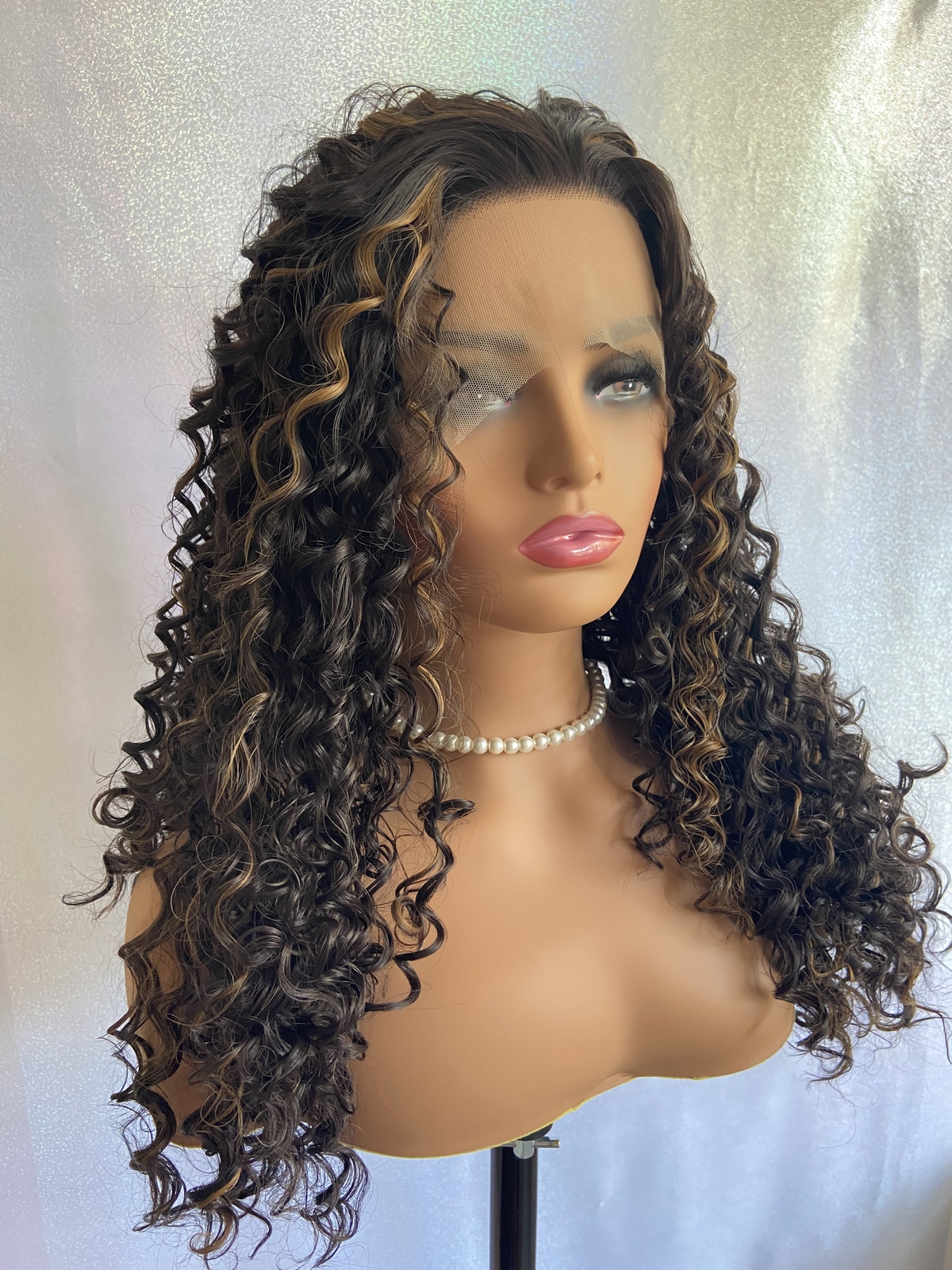 Human Hair Blend Lace Front Wigs Long Tight Curly Heat OK #4/27 Highlight Brown