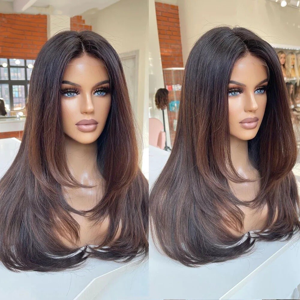 Ombre Brown Layered Wig 100% Human Hair 4×4 Lace Front Remy Wig