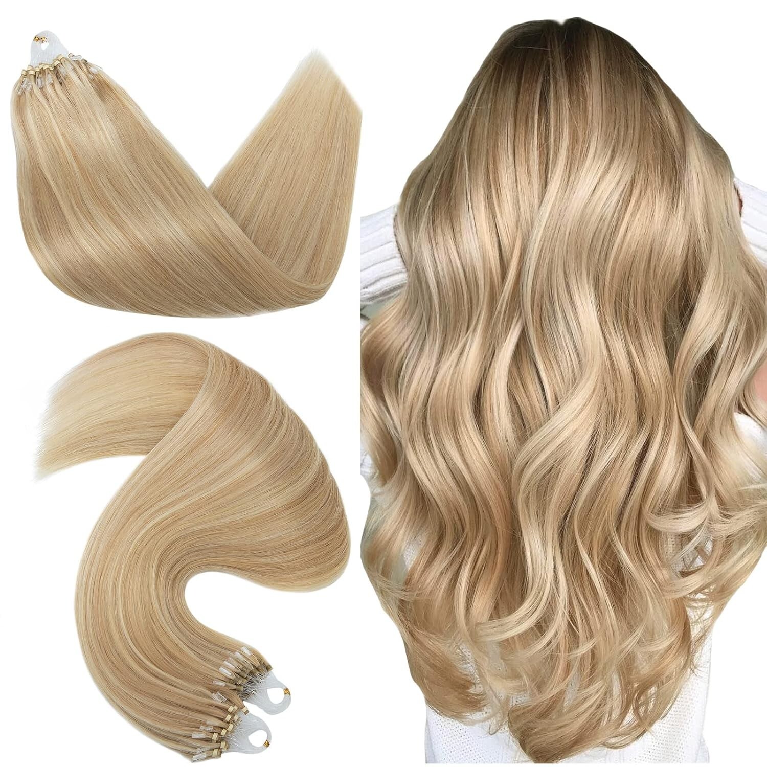 Hairro Microlink Hair Extension Highlighted Balayage Micro Bead Ring Loop Blonde