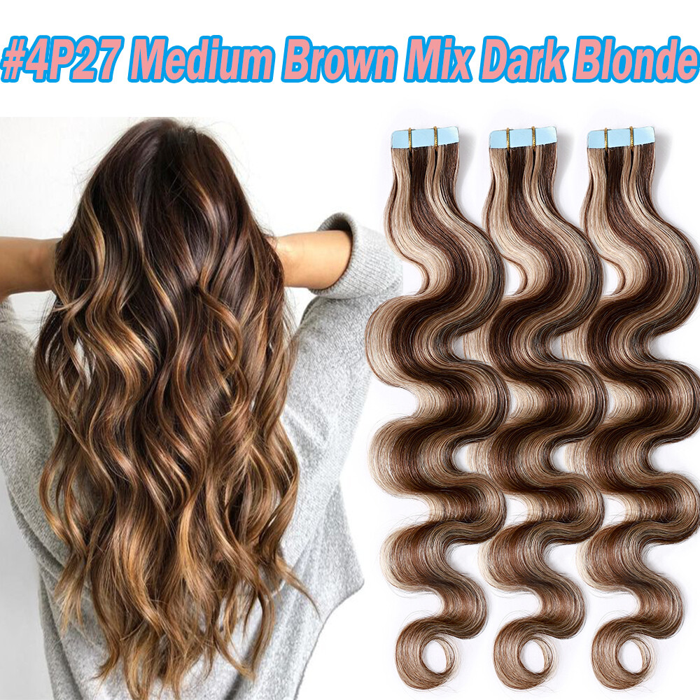 Invisible Brown Tape In Real Remy Human Hair Extensions 20/40/60 Pcs Thick Q396