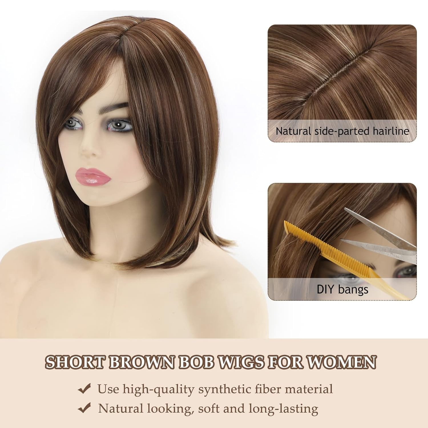 Bestung short sand brown wigs for women mixed blonde wig with bangs medium 12 In