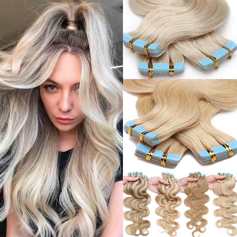 150g Thick Tape In Real Human Hair Extensions Skin Weft Body Wave Curl Highlight