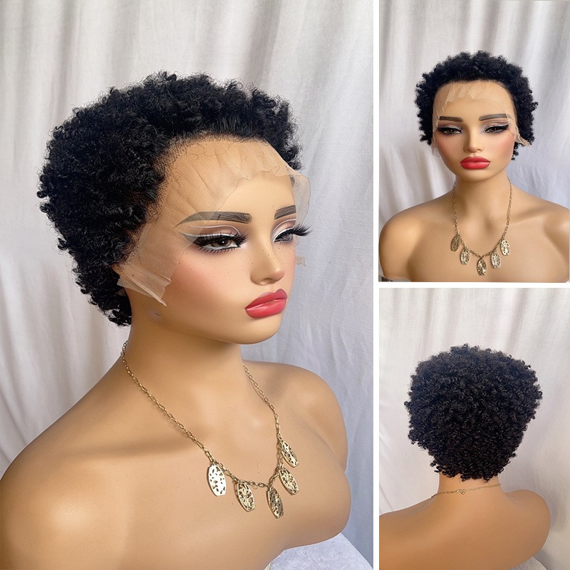 Short Afro Kinky Curly Black Pixie Cut Lace Front Wigs 100% Human Hair Party Wig