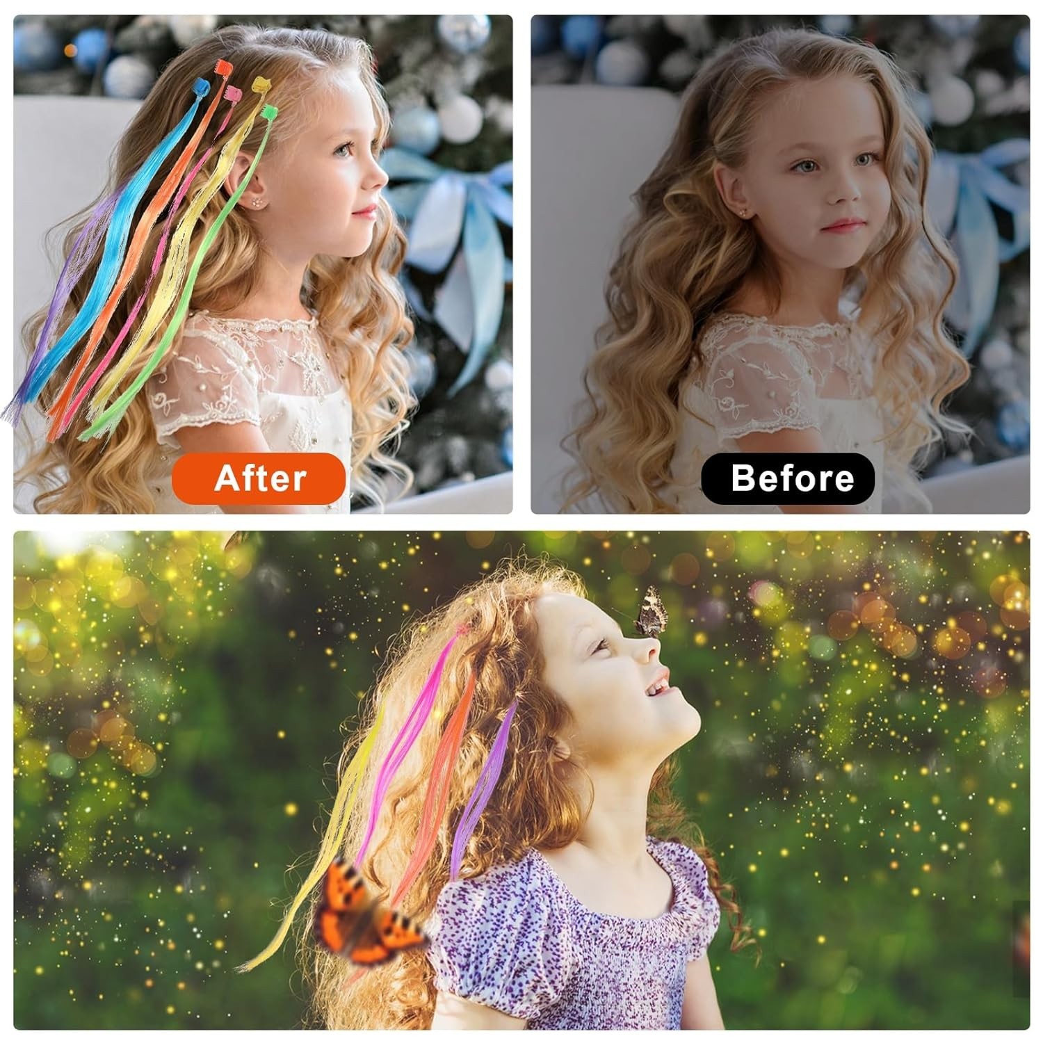 36 Pack Colored Hair Extensions for Girls, Clip-In, 33Cm Length, Pink, Blue, Pur