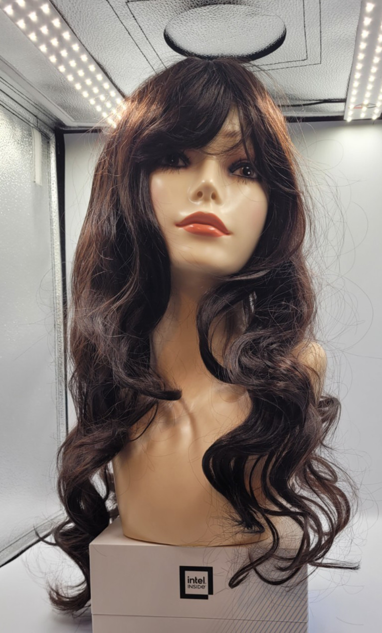 Long curly wave synthetic wig with blunt bangs heat resistant fiber full wig