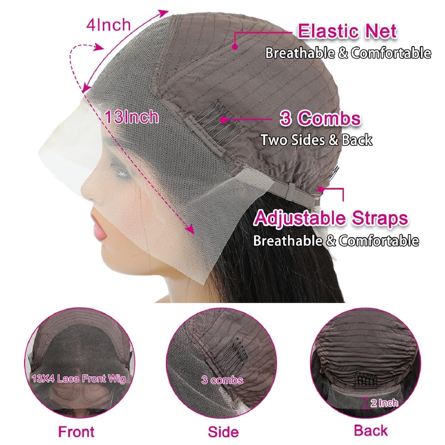 Glueless 180% Density Lace Front Wig – Natural Black Human Hair, 24 Inches