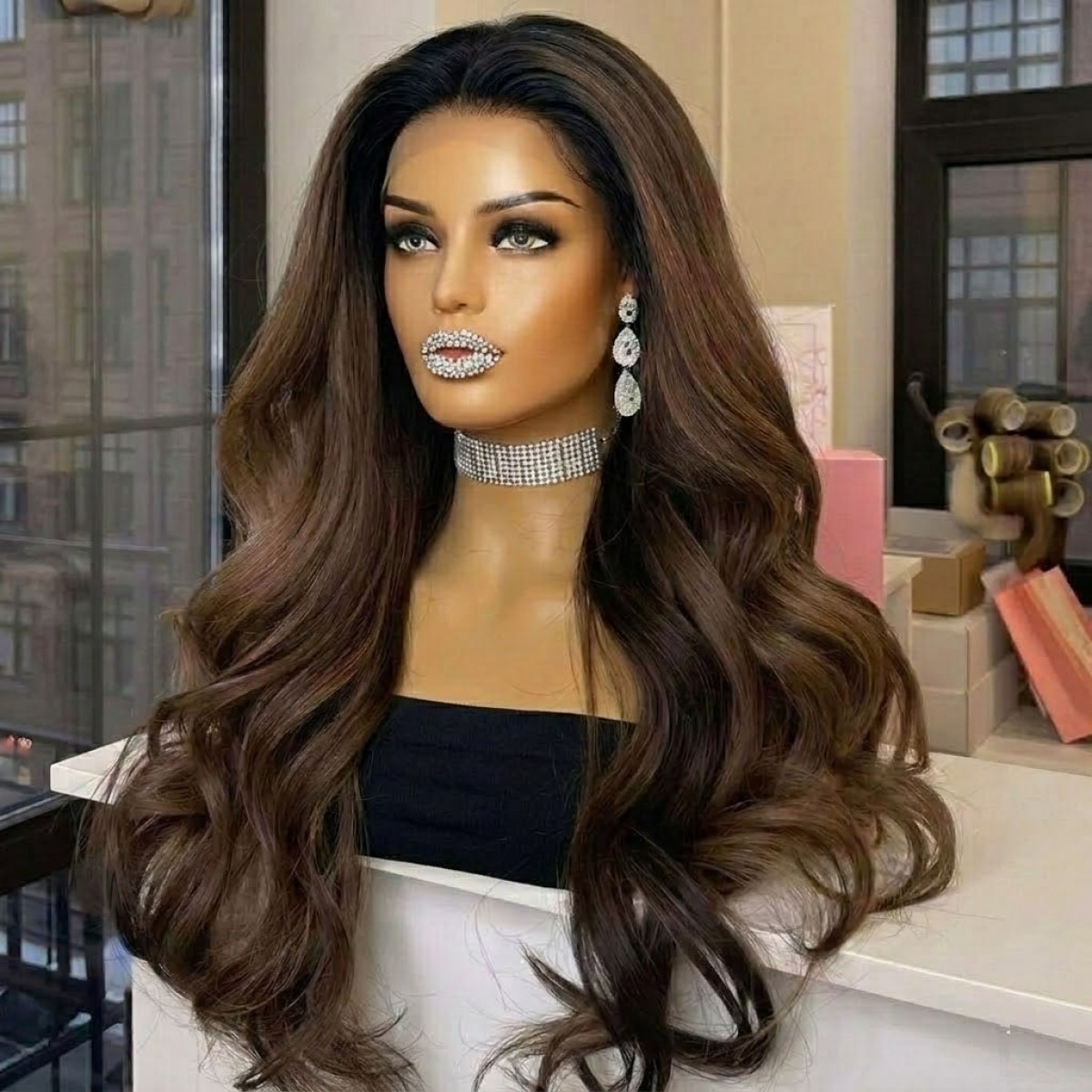 HD Lace Front Wig Long Wavy Ombre Brown Synthetic Hair Heat Resistant
