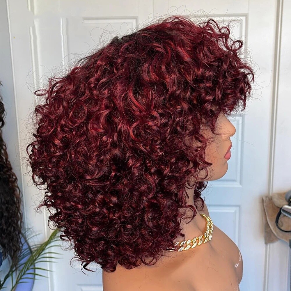 Deep Wave Human Hair Wigs With Bangs Full Machine Made Jerry Curly Wig