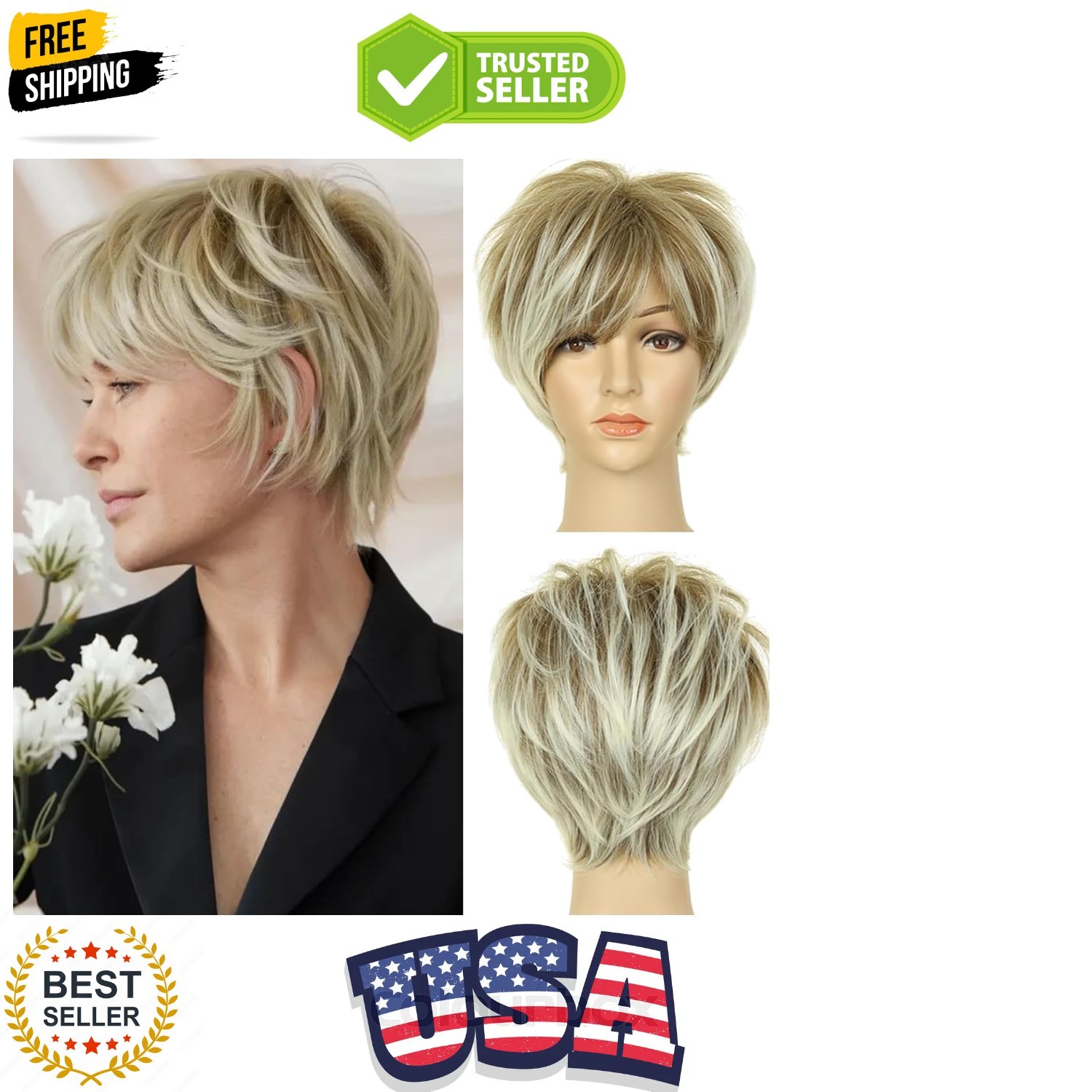 Pixie Cut Wig with Bangs for White Women Short Blonde with Dark Roots Synthet…