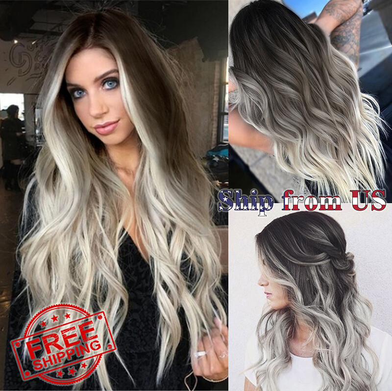 Ash Gray Silver White Ombre Lace Long Wavy Curly Blonde Synthetic Wigs Hair