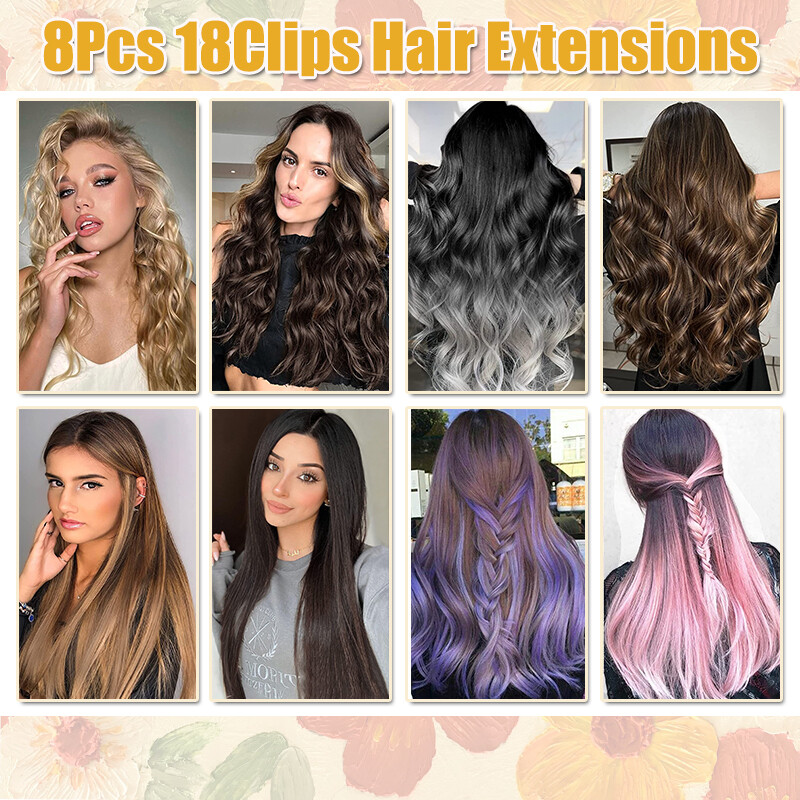 8Pcs 18 Clips Full Head Clip-In Hair Extensions Hairpiece 17-26” Curly Straight