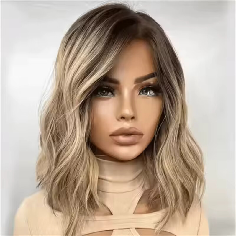 Short Wave Ombre Dirty Blonde Lace Front Wigs 100% Human Hair Wigs Dark Roots