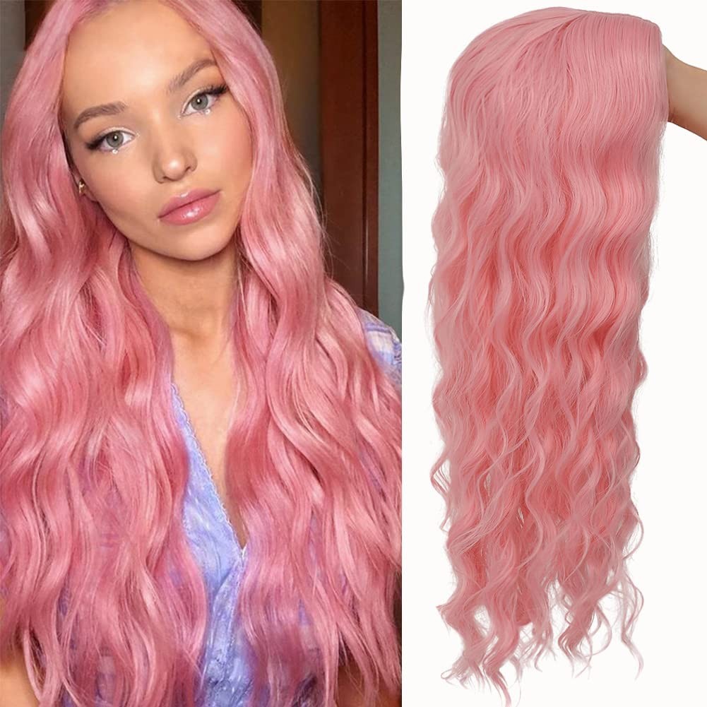 Pink Curly Long Wigs for Women Wavy Wig Middle Parting Hair Natural Looking S…