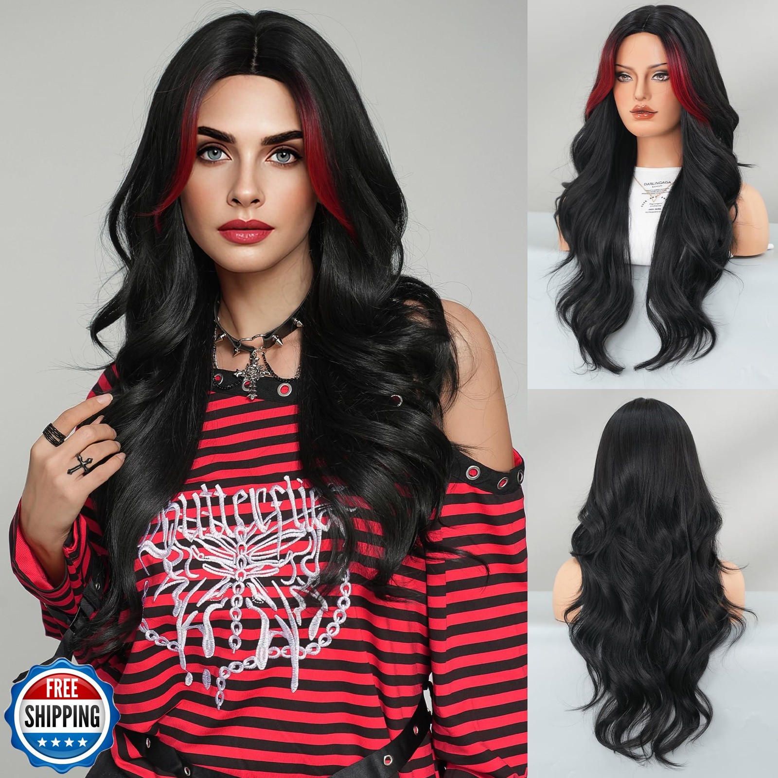 TRUMOST Red and Black Wig For Women Highlight Long Wavy Wig with Curtain Bang
