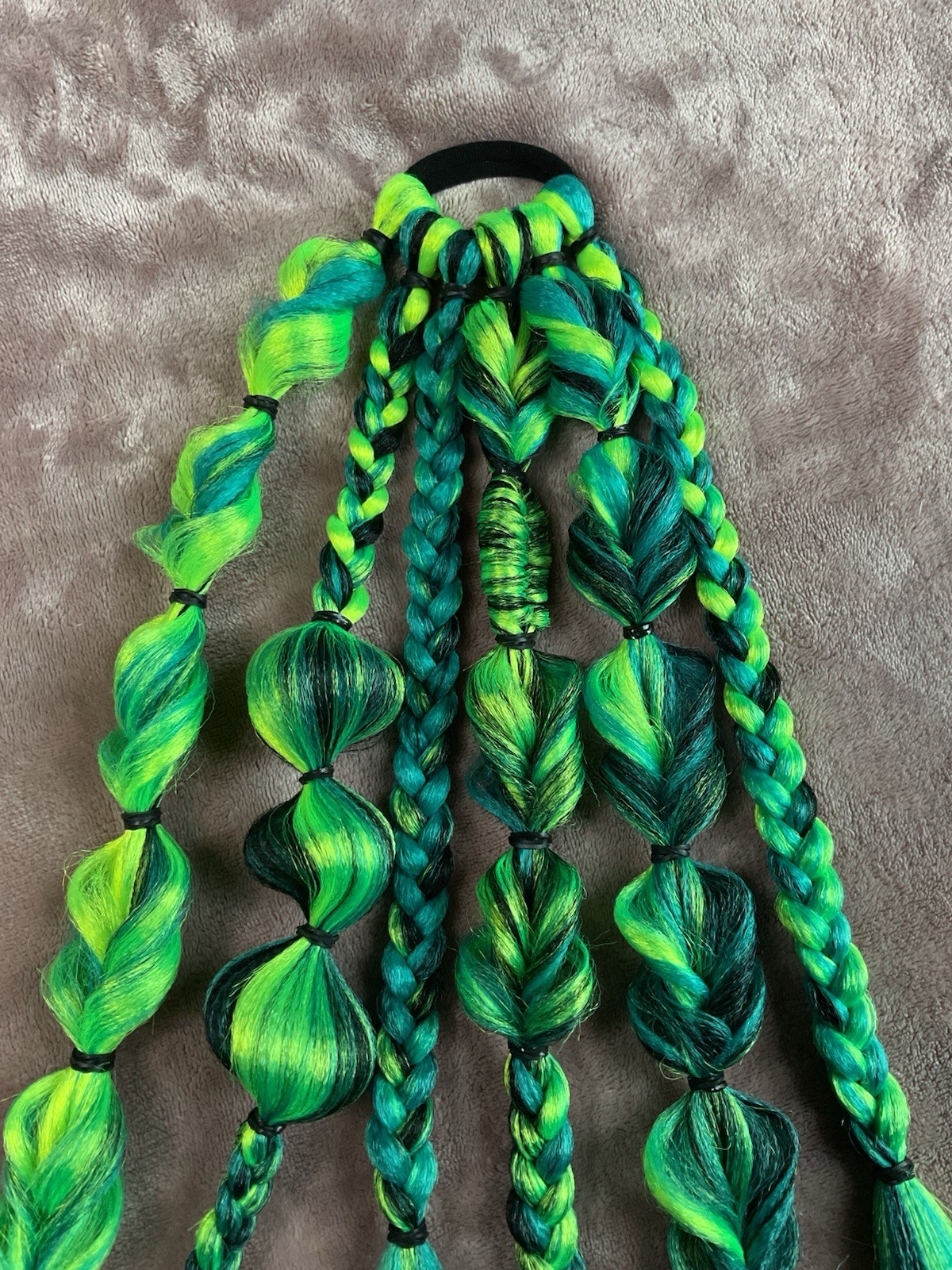 Turquoise, Neon Yellow, Black ** reusable tie in braided ponytail extensions