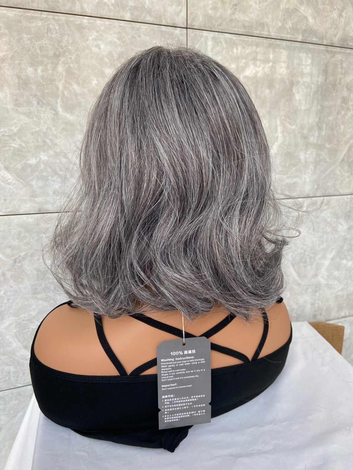Salt and Pepper Medium Bob Wavy Gray 100% Human Hair Blend Wig Women Natural