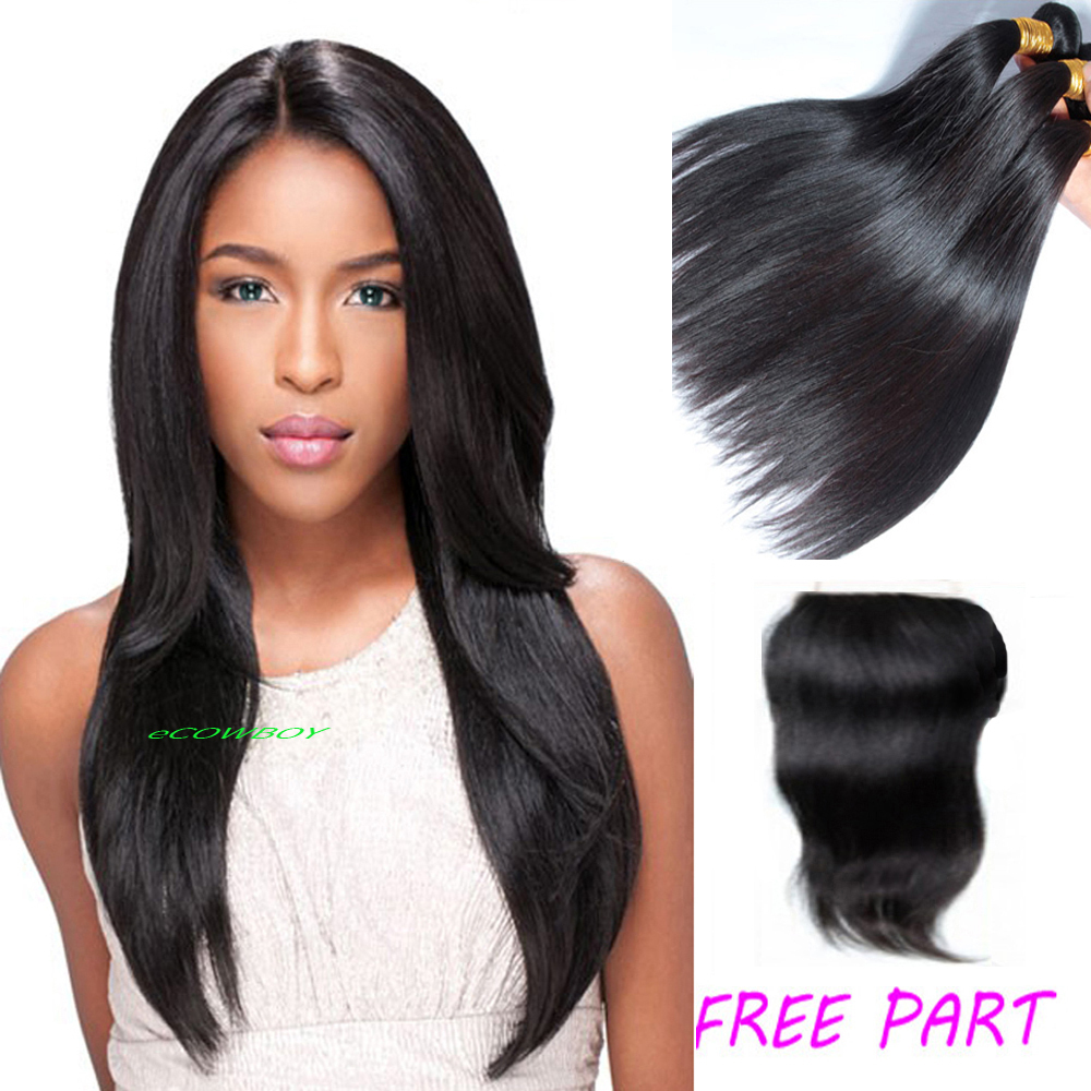 3 Bundle STRAIGHT Natural Black Virgin INDIAN Human Hair with Lace Closure