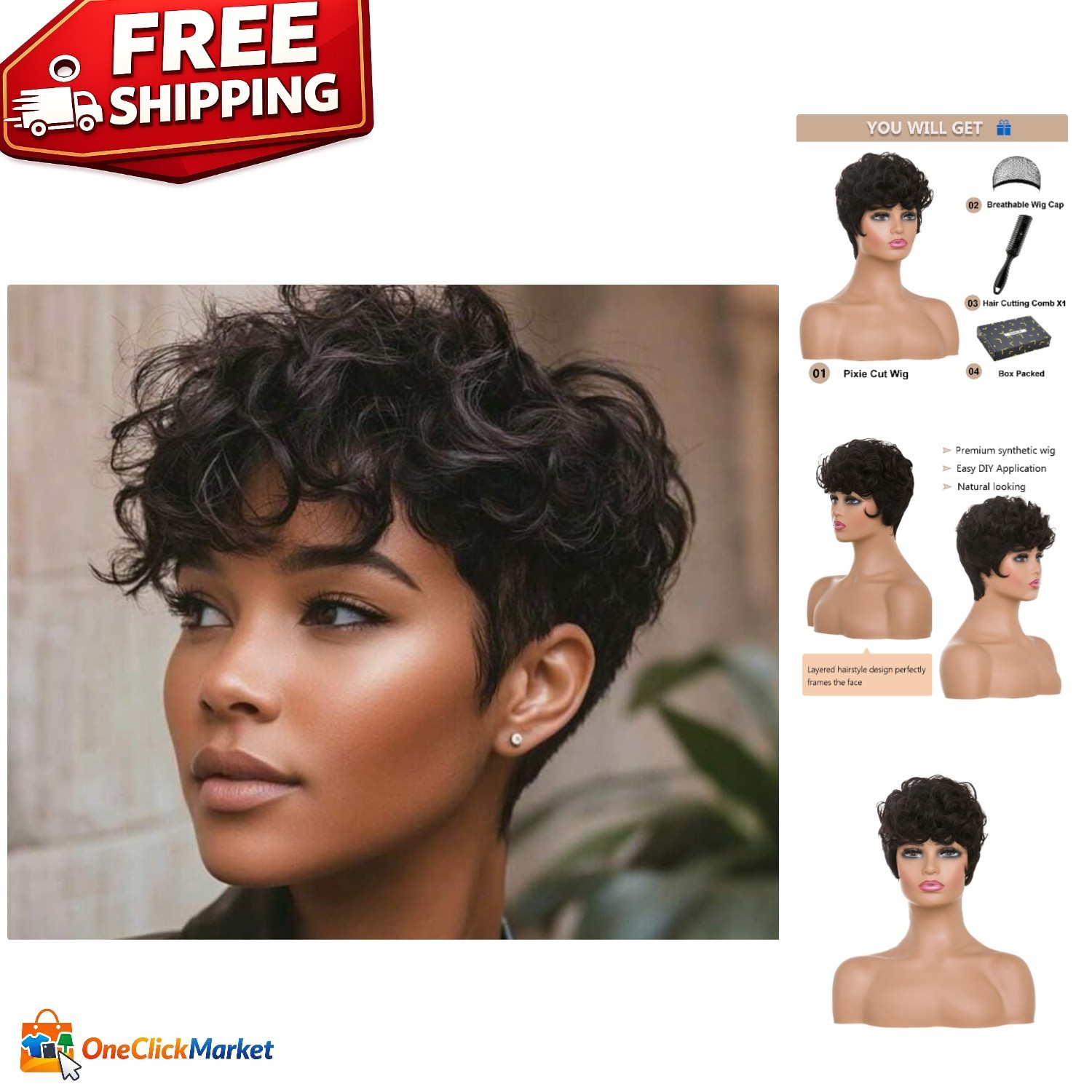Luxurious Brown Pixie Wig for Black Women – Soft Curly Fiber, Adjustable Fit