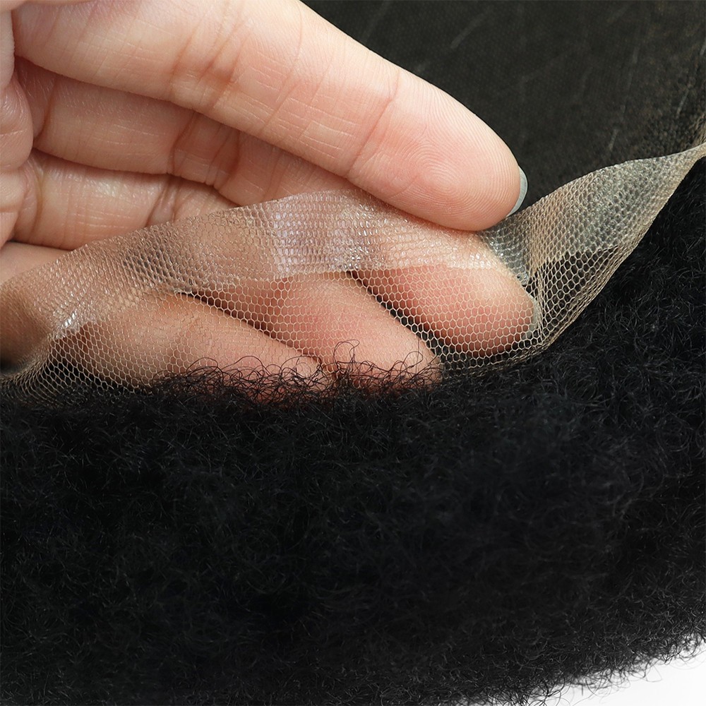 Mens Human Hair System Afro Curl Poly Skin Toupee Curly Black Hair Pieces