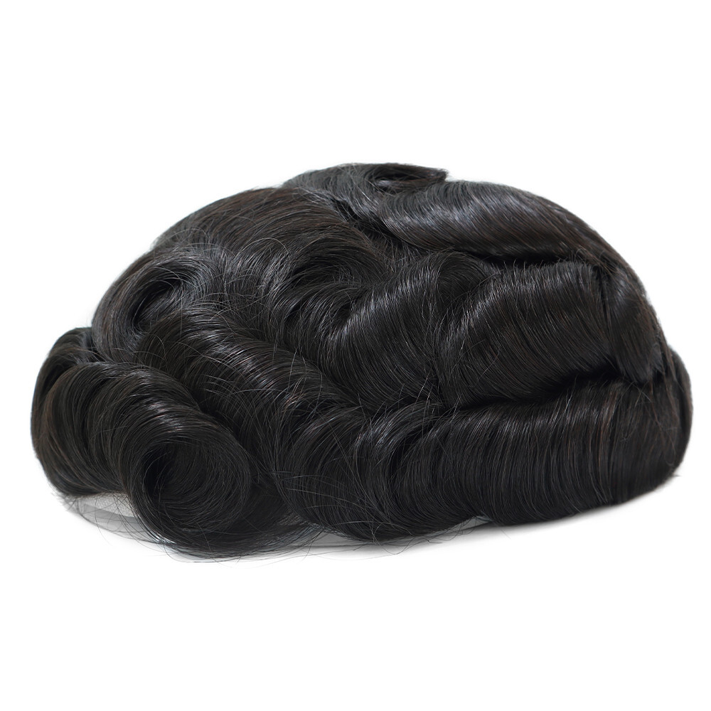Mens Toupee Human Hair System French Lace Front Poly Skin Black Hair Pieces #1B