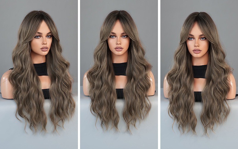 Bronze-golden long curly hair full head cover made of synthetic fiber with waves