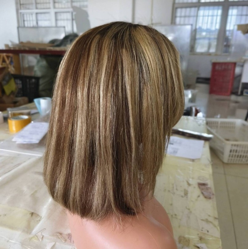 Ombre Highlight Brown Blonde Bob Wavy Wig 100% Human Hair Lace Front Wig