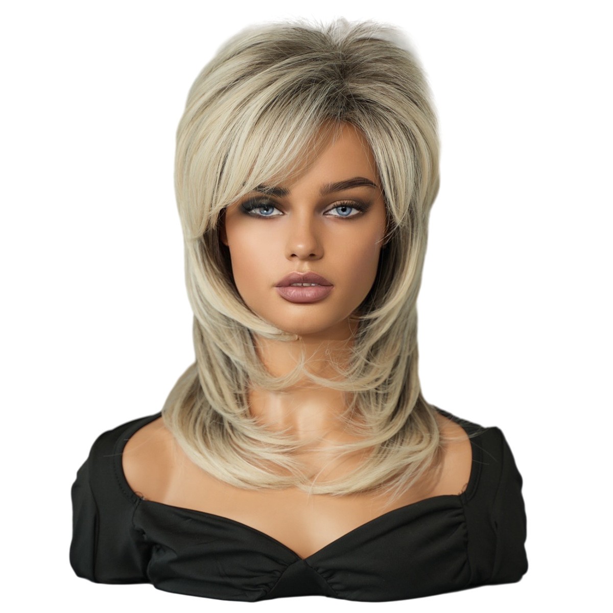 Retro 70s Mottled Grey Layered Shoulder Length Wig High Temperature Fiber